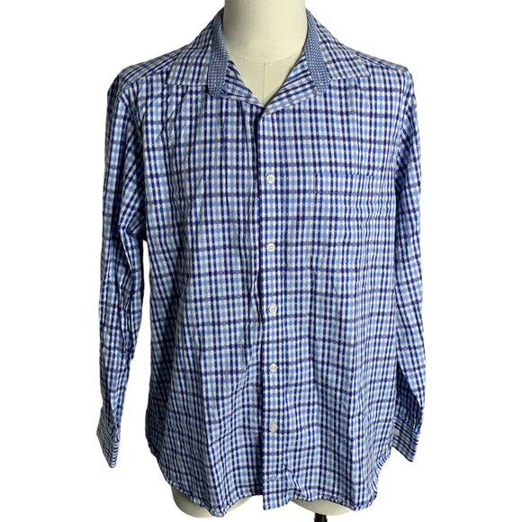 Johnston Murphy Button Up Checkered Shirt L Blue Long Sleeve Pocket Cotton - Picture 1 of 6